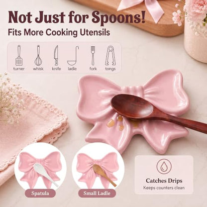 Pink Bow Spoon Rest for Stove Top, Cute Ceramic Spoon Holder | Kitchen Countertop, Coquette Utensil Rest, Sweet Kitchen Decoration, Women Cooking, Housewarming Gift, 5.3 x 4.5 Inches - style: Bow