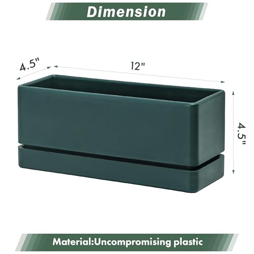D'vine Dev 2-Pack Rectangular Planters, 12 x 4.5 in, Green, 76-X-C-2 | Minimalist Design, Large Planting Capacity, Drainage Holes & Saucer, Thick-Walled Durable Build, Ideal for Windowsills - color: Green