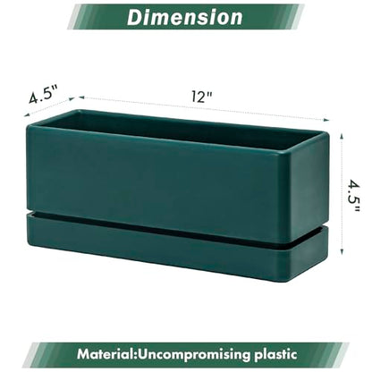 D'vine Dev 2-Pack Rectangular Planters, 12 x 4.5 in, Green, 76-X-C-2 | Minimalist Design, Large Planting Capacity, Drainage Holes & Saucer, Thick-Walled Durable Build, Ideal for Windowsills - color: Green