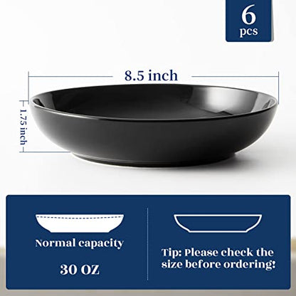 Y YHY Pasta Bowls 30oz, Large Salad Serving Bowls, Shallow Soup Bowls, Porcelain Pasta Bowls Set of 6, Microwave Dishwasher Safe, Black - color: Black, size: 30 oz