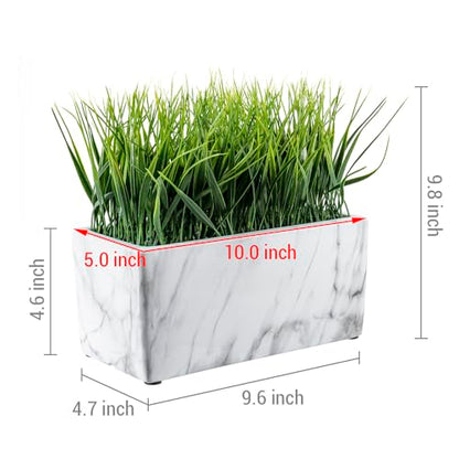 MyGift 10 Inch Artificial Green Grass Plant in Rectangular White Marble Pattern Ceramic Planter Pot - color: White Marble