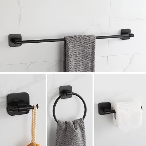 Matte Black Bathroom Accessories Set, 4 Pieces Bathroom Hardware Set, 24 inch Towel Bar, Towel Racks, Robe Towel Hooks, Toilet Paper Holder Wall Mounted Or Self-Adhesive,Stainless Steel and Plastic - color: Matte Black