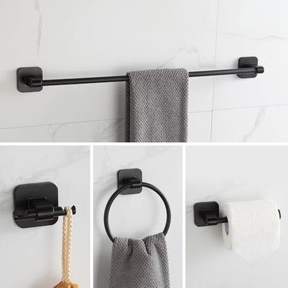 Matte Black Bathroom Accessories Set, 4 Pieces Bathroom Hardware Set, 24 inch Towel Bar, Towel Racks, Robe Towel Hooks, Toilet Paper Holder Wall Mounted Or Self-Adhesive,Stainless Steel and Plastic - color: Matte Black