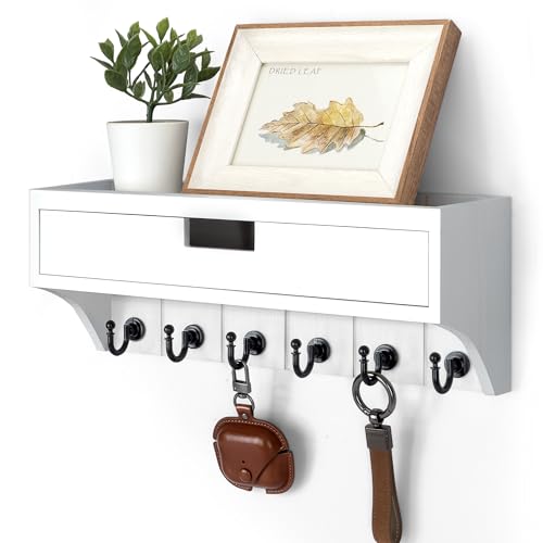 Rebee Vision Key Holder Wall Mount with Drawer for Apartment, Modern White | Pine Wood, Mail Organizer, 6 Key Hooks, Drawer Organizer, Wall Shelf, Apartment Essentials, Modern Home Organization - color: White, style: 1-Drawer