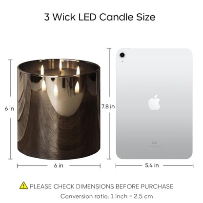Large 3 Wick Grey Glass Flameless Pillar Candle with Remote | 6x6 inch LED Candle Flickering, Triple Wick, 2 AA Battery Powered, Accent Home Decor Gift - color: Smoke Grey