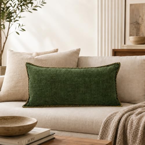 JoraLion Chenille Decorative Lumbar Pillow Cover 14x24 Forest Elf | Chenille Trimmed Tailored Edges Farmhouse Solid Dyed Soft Cushion Case for Couch Sofa Bed Living Room, Pack of 1 - color: Forest Elf, size: 24" x 14" (Pack of 1)