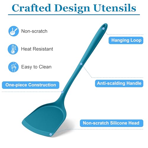 LIANYU Non-Toxic Kitchen Cooking Utensils Set, 8Pcs Blue Silicone Tools | Heat Resistant Cooking Gadgets for Nonstick Cookware, Includes Silicone Spatula, Ladle, Spoon Turner, Dishwasher Safe - color: Blue