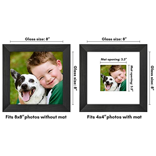 Americanflat 8x8 Picture Frame - Matted to 4x4 - Engineered Wood - Black | Shatter-resistant glass, wall or tabletop display with included easel, sawtooth hangers included, secure turn-tab backing - color: Black, size: 8x8 with 4x4 Mat