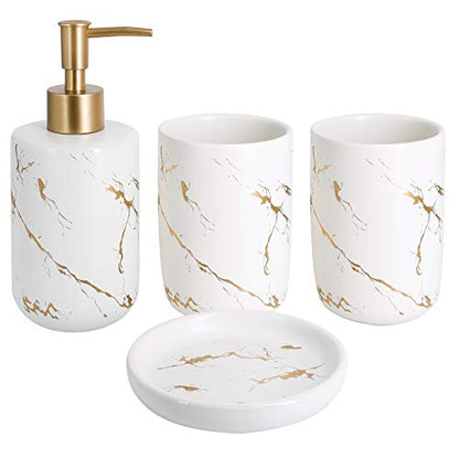 Cream Bathroom Accessories Set Complete, 4 Pcs Ceramic Bathroom Decorations Accessories Sets Includes Lotion Dispenser, 2 Tumblers and Soap Dish for Bath Decor, Countertop Vanity Organize