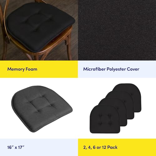 Sweet Home Collection Chair Cushion Memory Foam Pads Tufted Slip Non Skid Rubber Back U-Shaped 17" x 16" Seat Cover, 6 Count (Pack of 3), Black - color: Black, size: 6 Pack, style: Foam Pads