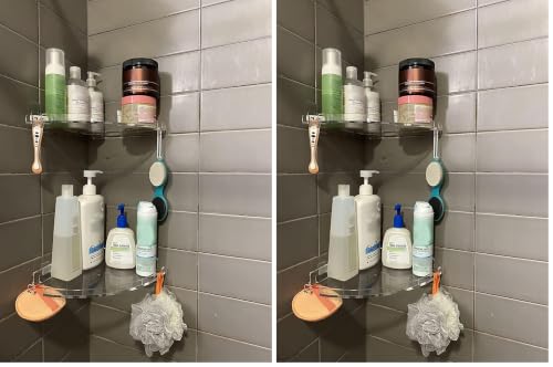 JiePai Acrylic Corner Shower Caddy Shelf with Hooks 4 Pack, Adhesive Wall Mounted Bathroom Shower Organizer for Inside Shower & Kitchen Storage, Space-Saving Design - size: Corner Shelf 4 Packs