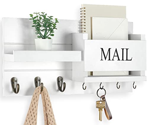 Lwenki Mail Organizer for Wall Mount – Key Holder with Shelf Includes Letter Holder and Hooks for Hallway Farmhouse Decor – Rustic Wood with Flush Mounting Hardware (16.5” x 9.1” x 3.4”) (White) - color: White