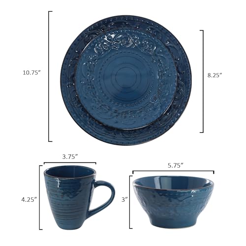 Elama Malibu Deep Ocean 16-Piece Stoneware Embossed Pattern Reactive Glaze Dark Blue Dinnerware Set, Tableware, Serveware Set (Deep Ocean Blue) - color: Deep Ocean Blue