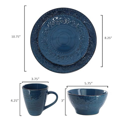 Elama Malibu Deep Ocean 16-Piece Stoneware Embossed Pattern Reactive Glaze Dark Blue Dinnerware Set, Tableware, Serveware Set (Deep Ocean Blue) - color: Deep Ocean Blue