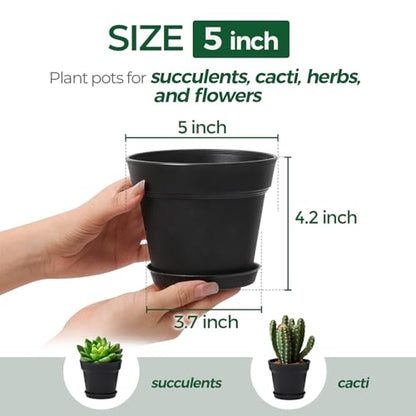 T4U Small Plant Pots 5 Inch 18 Pack, Plastic Flower Pots with Saucer Black | Nursery containers for succulents cactus herbs, Desk windowsill shelf, Violet african violet, Compact lightweight - color: Black, size: 5 In