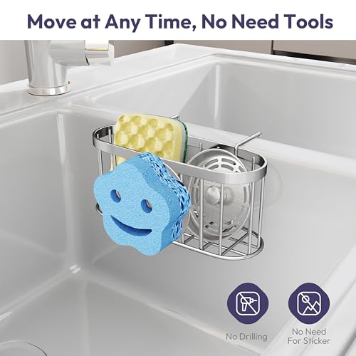 SWTYMIKI Sponge Holder for Kitchen Sink - Movable Sink Caddy with Smiley Face Sponge Holder, Rustproof Hanging Sponge Organizer in Double Bowl Sinks Depth>3.15in, Middle Divider<1.5in, Silver - color: Silver-smiley Sponge Holder