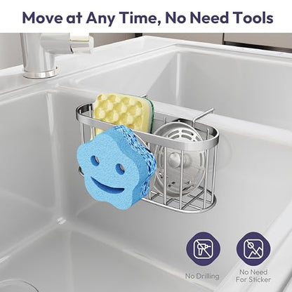 SWTYMIKI Sponge Holder for Kitchen Sink - Movable Sink Caddy with Smiley Face Sponge Holder, Rustproof Hanging Sponge Organizer in Double Bowl Sinks Depth>3.15in, Middle Divider<1.5in, Silver - color: Silver-smiley Sponge Holder