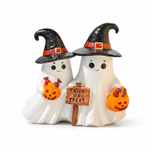 Halloween Ghost Figurines Cute Double Ghost Statue with Black Hats Pumpkin Buckets and Trick or Treat Sign Desk Ornament for Home Office Shelf Mantel Tabletop Festive Indoor Display Decor - color: 125-black Hats Ghost