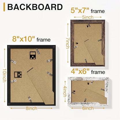 Vittanly 12 Pack Gallery Wall Frame Set, Black, Brown, Distressed White | Gallery Wall Frame Set: 4pcs 8x10, 4pcs 5x7 & 4pcs 4x6 Photos for Wall & Table, Picture Frames made of Engineered Wood - color: Black & Brown & Distressed White