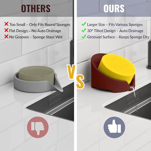 NiHome Silicone Sponge Holder for Kitchen Sink, Fits Scrub Daddy Mommy | Self-Draining Dispenser Organizer Tray, Sink Caddy Countertop Fits Soaps, Scrubber, Dishwasher Safe, Includes Brush - color: Dark Red
