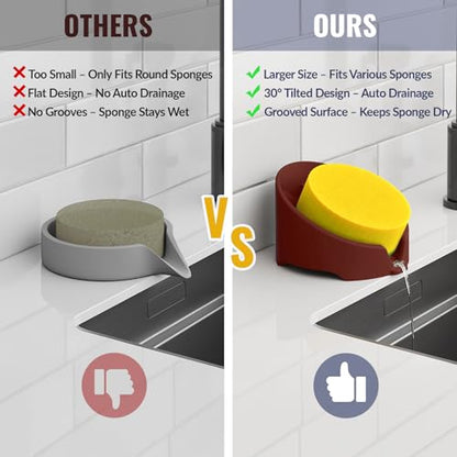 NiHome Silicone Sponge Holder for Kitchen Sink, Fits Scrub Daddy Mommy | Self-Draining Dispenser Organizer Tray, Sink Caddy Countertop Fits Soaps, Scrubber, Dishwasher Safe, Includes Brush - color: Dark Red