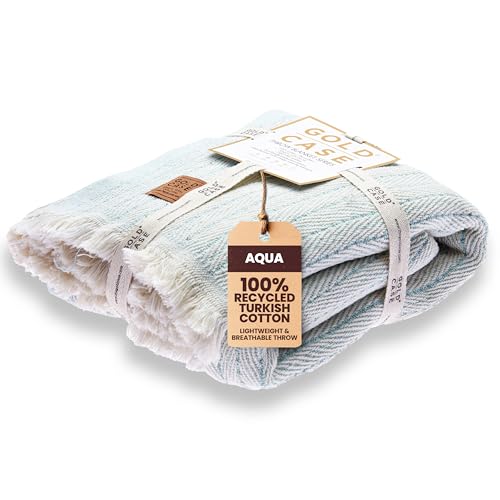 Gold Case Throw Blanket for Couch - 100% Recycled Turkish Cotton Blankets & Throws - Vintage Soft Throw Blankets for Living Room - Boho Decorative Woven Couch Blanket - 60x80 - Aqua - color: Vintage Aqua, size: 60x80"