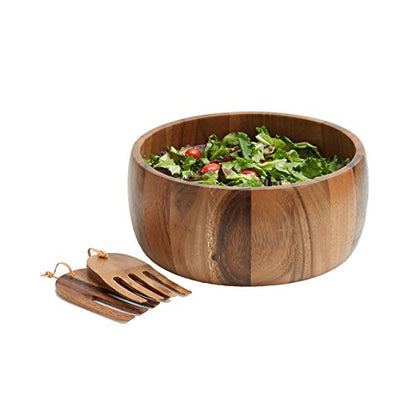Woodard & Charles Acacia Wood 10" Salad Bowl with Salad Hands, 3 Piece Set | 10" x 4" Acacia Wood Salad Bowl With Salad Hands; Toss and Serve Salad, Fruit and More. Ideal for Parties and Everyday Use - size: 10" x 4" Acacia Wood Bowl with Salad Hands
