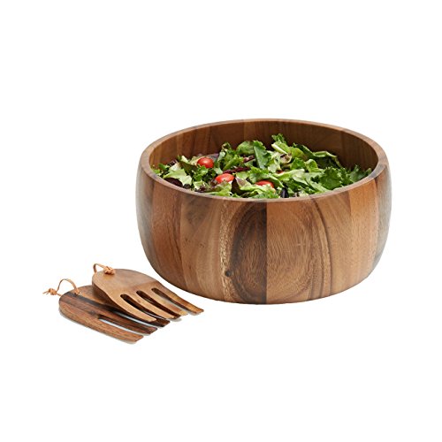 Woodard & Charles Acacia Wood 10" Salad Bowl with Salad Hands, 3 Piece Set | 10" x 4" Acacia Wood Salad Bowl With Salad Hands; Toss and Serve Salad, Fruit and More. Ideal for Parties and Everyday Use - size: 10" x 4" Acacia Wood Bowl with Salad Hands