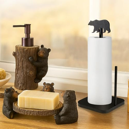 Leinuosen Cabin Bear Paper Towel Holder Farmhouse Bear Wooden Paper Towel Holder Black Bathroom Countertop Accessories Kitchen Stand Organizer Standing Apartment Decor Housewarming Gift - style: Black Bear