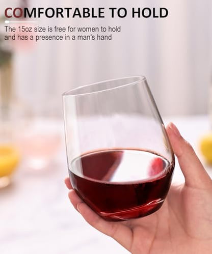 OJA Wine Glasses Set, Crystal Stemless Red Wine Glass, Set of 6, 15 oz | No Stem, Clear, Sturdy Drinking Glass for White Wine, Daily Use, Birthday, Wedding, Home Party, Anniversary, Shower Gift - style: Set of 6-15 oz