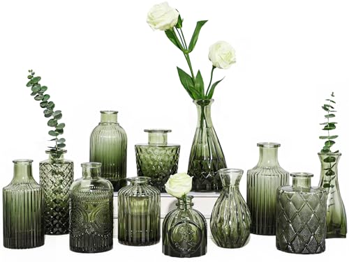 12pcs Green Glass Bud Vases Set, Small Vases for Flowers | For Centerpieces in Bulk, Mini Vintage Vase, For Wedding Decorations, Office and Home Table Flower Décor - color: Green-12pcs, size: 12Pcs