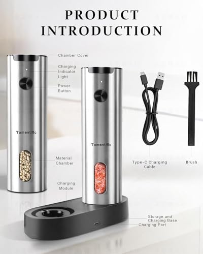 Electric Salt and Pepper Grinder Set with Rechargeable Base - Upgraded Large Capacity, Refillable Pepper Mill Set with LED Light & Adjustable Coarseness, Ideal for Kitchen, Outdoor (Light Silver) - color: Lighr Silver