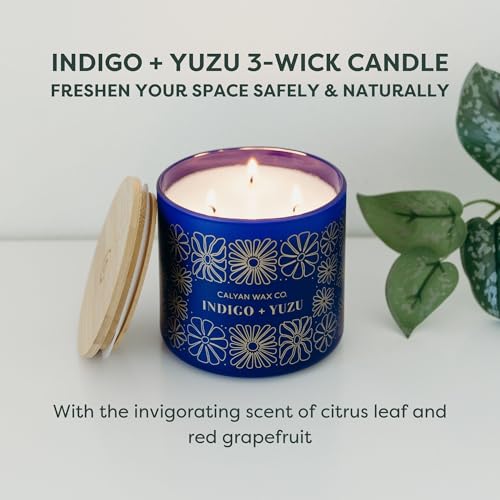 Indigo & Yuzu 3 Wick Scented Candle - 43 Hour Burn | Made in the USA Luxury Clean Soy Wax Candles - Long Lasting Large Glass Jar Candle for Home - 3 Wicks - 14.9oz - color: Indigo + Yuzu