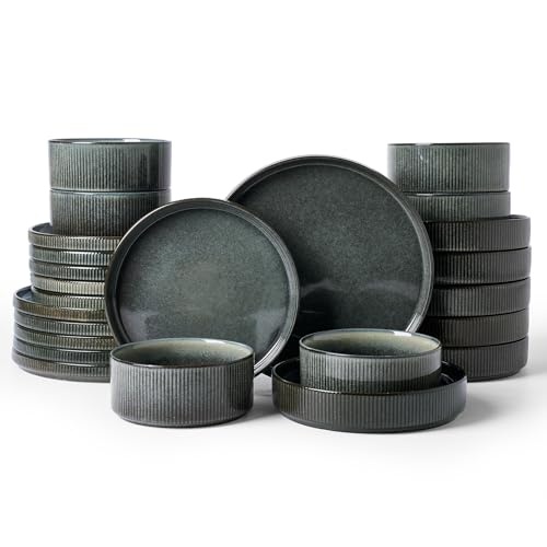 Famiware Star Stoneware Dinnerware Sets with Pasta Bowls, 24pc Dishes for 6 | Ceramic Plates and Double Bowls. Chip & Scratch Resistant. Microwave & Dishwasher Safe, Everyday & Formal Dining, Deep Forest - color: Deep Forest, size: Service for 6 - Double