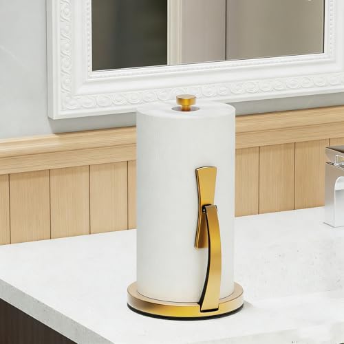 VEHHE Gold Paper Towel Holder Countertop, One-Handed Tear, Stainless Steel, Stand Paper Towel Holder with Spring Activated Arm & Non Slip Weighted Base, for Kitchen Bathroom - color: Gold, size: Eva Pad Base