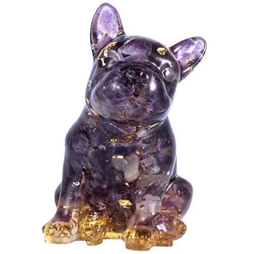 Rockcloud Hand Carved Amethyst French Bulldog Healing Resin Crystal | Crystal Stone Figurines for Home Decoration, Desk Office Ornament - color: #1-purple