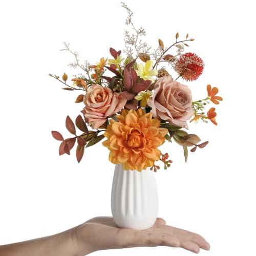 Small 11" Artificial Flowers in Ceramic Vase - Orange Silk Flower Centerpiece for Dining Table, Office, Wedding & Farmhouse, Home Decor Gifts - color: Orange-1