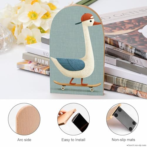 Wooden Bookends Shelves 2 PCS Cute Goose on A Skateboard Sturdy Book Holders Desktop Organizer for Home Office Libraries