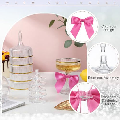 Set of 24 Plastic Champagne Coupe Glasses with Bow 7 oz Gold Champagne Tower Set Stackable Acrylic Ribbed Martini Glasses Cocktail Coupe Cup for Wedding Birthday Party Bar(Ribbon,Hot Pink) - color: Hot Pink, style: Ribbon