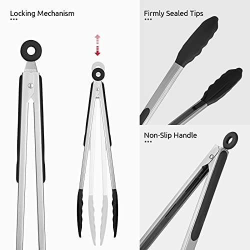 U-Taste 600ºF High Heat 12in Silicone Kitchen Tong and 600ºF Heat Resistat Spatula Spoon Flexible Silicone Cooking Scoop Spoonula (Black)