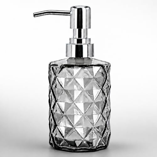 LGURT 12oz Black Glass Soap Dispenser, Stainless Steel Non-Drip Pump | Diamond-cut prism finish like crystal. Semi-transparent black glass. For kitchen, bathroom, powder room countertops. - color: Clear Black