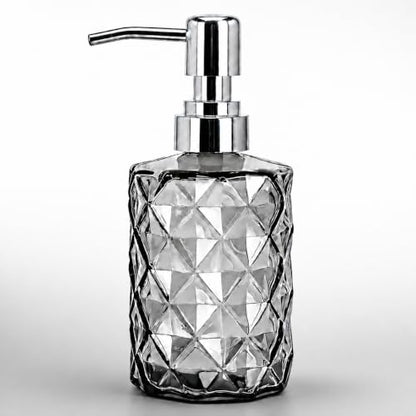 LGURT 12oz Black Glass Soap Dispenser, Stainless Steel Non-Drip Pump | Diamond-cut prism finish like crystal. Semi-transparent black glass. For kitchen, bathroom, powder room countertops. - color: Clear Black
