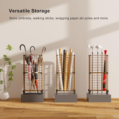 AWTATOS Umbrella Holder Entryway, Umbrella Stand Freestanding, Brown | Metal Square Umbrella Rack Organizer with a Removable Drip Tray, Hooks - color: Brown