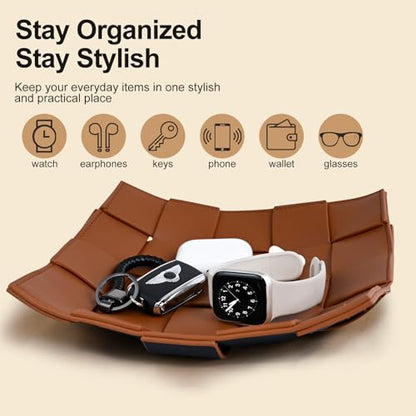Valet Tray PU Leather Key Holder Bowl for Men Entryway Table Nightstand Desk Tray for Wallet, Keys Men's Gift - Brown & Black, 9.8" L x 9.8" W x 2" H - color: Brown + Black