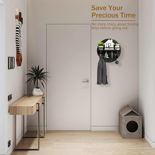dreampossible Key Holder for Wall Decorative with Shelf and Hooks, Mail Organizer Wall Mount, Circular Design Entryway Key Rack Hanger, Rustic Home Decor (Black)