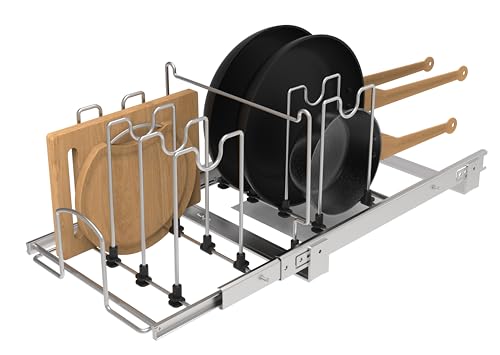 Pots and Pans Pull Out Organizer Under Cabinet, Adjustable Slide Out Pan and Pot Lid Rack Holder, Wire Dividers Kitchen Organization And Storage, Full-Extension Rail 12" W X 20" D - color: Pan Pot organizer