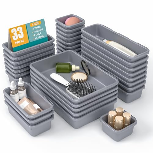 33 PCS Drawer Organizer Set, 4 Size Makeup Drawer Divider Organizer With Non-Slip Pads, Interlocking Plastic Storage Bins for Office,Jewelry Vanity,Gadgets, Bathroom,Kitchen, Grey - color: Grey, size: 33Pack
