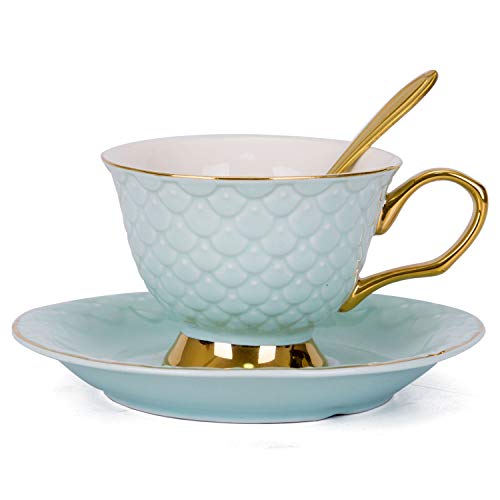 VanEnjoy Blue Vintage 8 Ounces Porcelain Coffee Cup, Tea Cup and Saucer Set and Saucer with Decorative Scale Pattern, vintage - color: Blue
