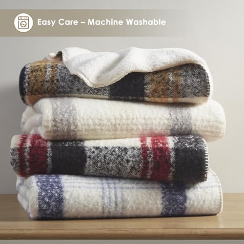 Woolrich Sherpa Whipstitch Throw Blanket 50x60 Plaid Soft Couch | Lightweight comfort for layering, Sofa ready accent for lodge rooms, Fringe edge adds texture, Easy care, OEKO-TEX certified - color: Natural