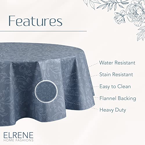 Elrene Home Fashions Camile Floral Damask-Scroll Water- and Stain-Resistant Vinyl Tablecloth with Flannel Backing, 70 Inches X 70 Inches, Round, Blue - color: Blue, size: 70" (Round)